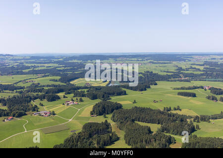 distant aerial view over the Lech river towards Burggen municipality in the Weilheim-Schongau district, Bavaria, Germany Stock Photo