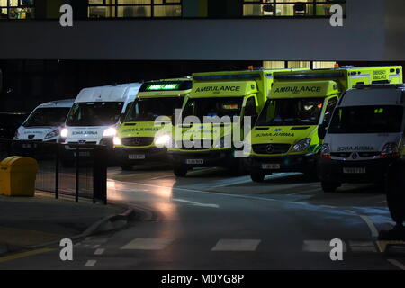 Line up of ambulance responder vehicles outside the accident & emergency department at Pinderfields Hospital in Wakefield, West Yorkshire. Stock Photo