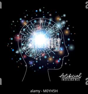 artificial intelligence poster with human head silhouette with brain in ...