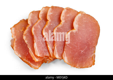 Smoked ham slices isolated on white. Top view Stock Photo