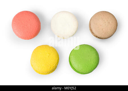 Different colored macaroons isolated on white. Top view Stock Photo