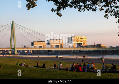 Germany, Cologne, people enjoying the summer evening at the banks of the river Rhine in the district Deutz, view to the Severins bridge and the harbor Stock Photo