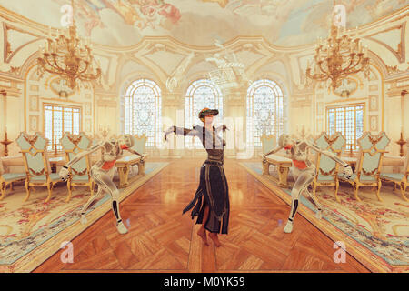 Woman wearing virtual reality goggles dancing in ballroom Stock Photo