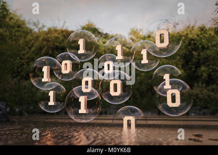 Binary code floating in bubbles above river Stock Photo