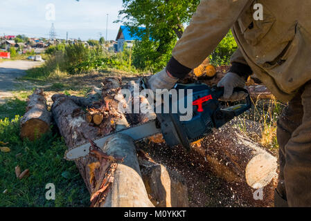 Caucasian man cutting logs with chainsaw Stock Photo