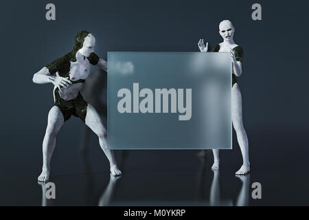Surprised androids looking at blank transparent sign Stock Photo