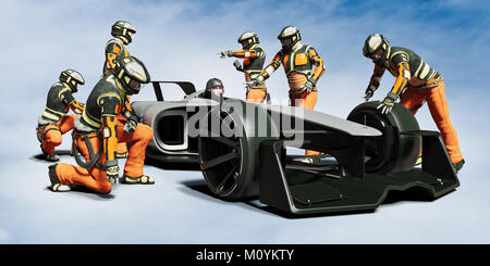 Futuristic pit crew servicing race car Stock Photo