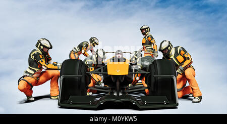 Futuristic pit crew servicing race car Stock Photo