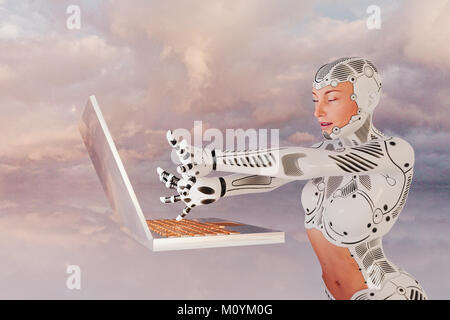 Robot woman using floating laptop Stock Photo