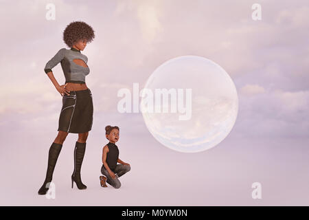 Surprised mother and daughter watching floating sphere Stock Photo
