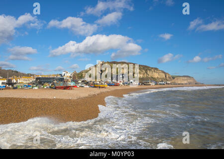 Hastings Fishing Boats on the Old Town Stade Fishermen's Beach, Rock-a-Nore, East Sussex, UK Stock Photo