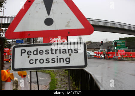 Road works pictured on the A27 in Chichester, West Sussex. Work to a pedestrian footbridge has brought in temporary traffic lights causing delays. Stock Photo