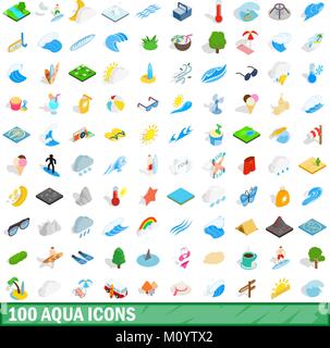 100 aqua icons set, isometric 3d style Stock Vector