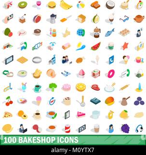100 bakeshop icons set, isometric 3d style Stock Vector