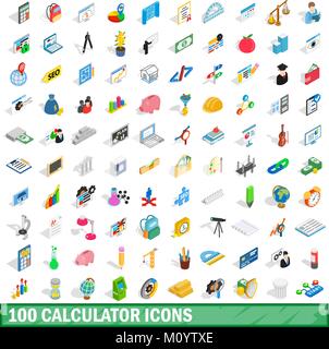 100 calculator icons set, isometric 3d style Stock Vector