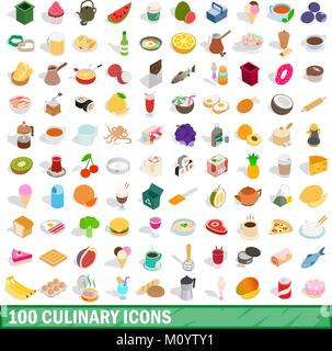 100 culinary icons set, isometric 3d style Stock Vector