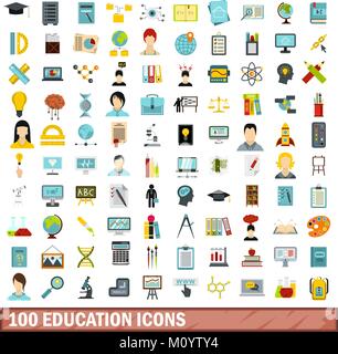 100 education icons set, flat style Stock Vector
