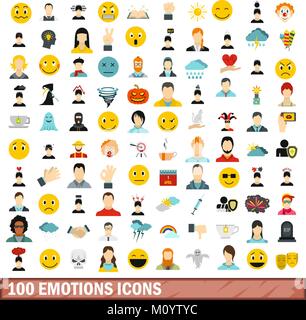 100 emotions icons set, flat style Stock Vector