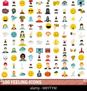 100 feeling icons set, flat style Stock Vector