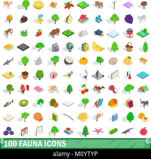 100 fauna icons set, isometric 3d style Stock Vector