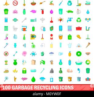 100 garbage recycling icons set, cartoon style Stock Vector