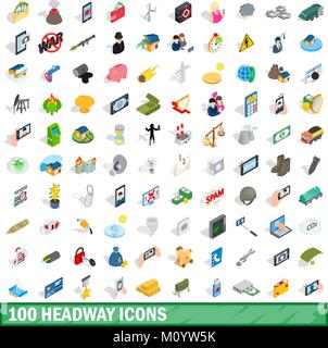 100 headway icons set, isometric 3d style Stock Vector