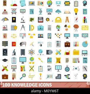 100 knowledge icons set, flat style Stock Vector