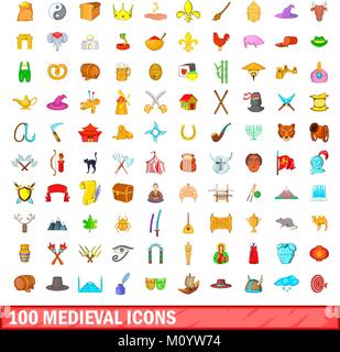 100 medieval icons set, cartoon style Stock Vector