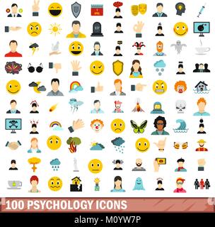 100 psychology icons set, flat style Stock Vector