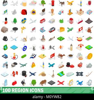 100 region icons set, isometric 3d style Stock Vector