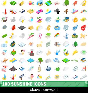 100 sunshine icons set, isometric 3d style Stock Vector