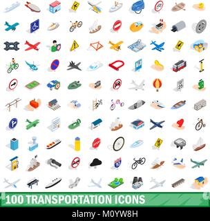 100 transportation icons set, isometric 3d style Stock Vector