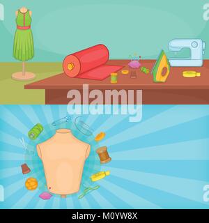 Tailor banner set horizontal, cartoon style Stock Vector