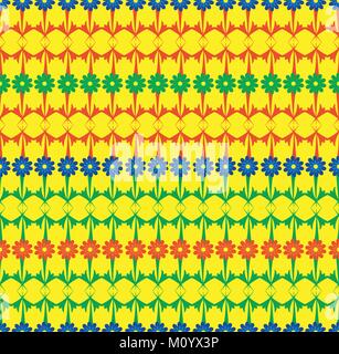 Blue green red horizontal rows of flowers seamless vector pattern Stock Vector