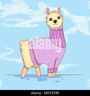 Cute alpaca or lama in a sweater on blue background. Farm animals. Kiddie cartoon character. Stock Vector