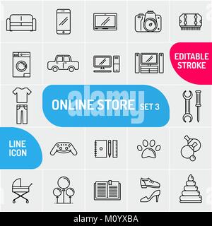Modern thin line icons goods for online store set. Premium quality outline E-commerce symbol collection. Simple mono linear shopping pictogram pack. Stroke vector logo concept, web graphics. Stock Vector