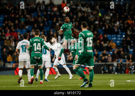 Claudio Beauvue (Leganes FC) fights for the header with Copa del Rey match between Real Madrid vs Leganes FC at the Santiago Bernabeu stadium in Madrid, Spain, January 23, 2018. Credit: Gtres Información más Comuniación on line, S.L./Alamy Live News Stock Photo
