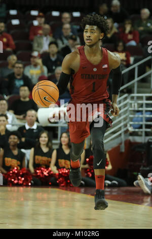 January 26, 2018: Stanford Cardinal guard Daejon Davis (1) brings the ball down in the second half in the game between the Stanford Cardinal and the USC Trojans, The Galen Center in Los Angeles, CA