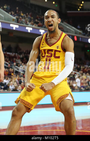 January 26, 2018: USC Trojans guard Jordan McLaughlin (11) celebrates after his monster dunk in the game between the Stanford Cardinal and the USC Trojans, The Galen Center in Los Angeles, CA