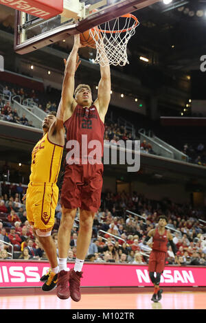 January 26, 2018: Stanford Cardinal forward Reid Travis (22) goes up for a dunk in the game between the Stanford Cardinal and the USC Trojans, The Galen Center in Los Angeles, CA