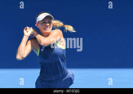 Melbourne, Australia. 25th Jan, 2018. Number two seed Caroline Wozniacki of Denmark in action in a Semifinals match against Elise Mertens of Belgium on day eleven of the 2018 Australian Open Grand Slam tennis tournament in Melbourne, Australia. Wozniacki won 63 76. Sydney Low/Cal Sport Media/Alamy Live News Stock Photo