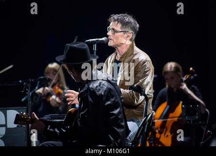 Frankfurt/Main, Germany. 24th Jan, 2018. A-ha, MTV unplugged Tour 2018, concert at Festhalle Frankfurt. Norwegian pop band with Morten Harket (vocals, MR), Magne Furuholmen (keys, not in pic) and Pål (Paul) Waaktaar-Savoy (guitar, ML). Credit: Christian Lademann Stock Photo