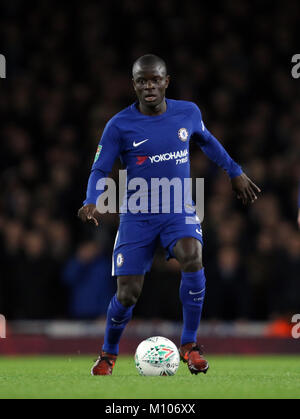 London, UK. 24th January, 2018. N'Golo Kante (C) in the Carabao Cup, Semi-Final, between Arsenal and Chelsea at the Emirates Stadium, London, on January 24, 2018 **THIS PICTURE IS FOR EDITORIAL USE ONLY** Credit: Paul Marriott/Alamy Live News Stock Photo