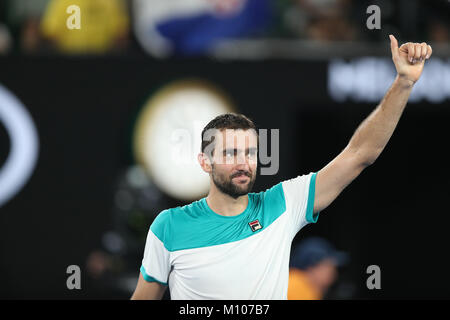Melbourne, Australia. 25th Jan, 2018. Marin Cilic of Croatia celebrates victory after the men's singles semifinal match against Kyle Edmund of Britain at Australian Open 2018 in Melbourne, Australia, Jan. 25, 2018. Cilic won 3-0 to enter the final. Credit: Bai Xuefei/Xinhua/Alamy Live News Stock Photo