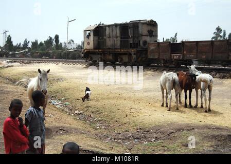 Akadi, Ethiopia. 09th Feb, 2008. Old railway line from Addis Abeba to Djibouti with the station Akadi - Ethiopia. | usage worldwide Credit: dpa/Alamy Live News Stock Photo