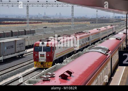 Passenger train and freight train on 13.08.2017 in the new station of Nairobi Terminus  - Kenia. | usage worldwide Stock Photo