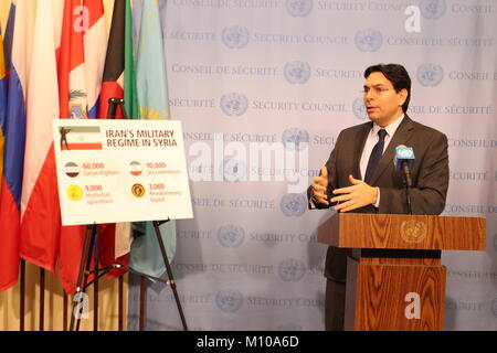 UN, New York, USA. 25th Jan, 2018. Israel's Ambassador Danny Danon showed press his chart about Iran in the Middle East. Photo: Matthew Russell Lee / Inner City Press Credit: Matthew Russell Lee/Alamy Live News Stock Photo