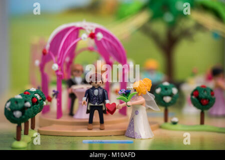 London, UK. 25th Jan, 2018. With Royal weddings in teh pipeline, wedding themed ranges on the Playmobil Stand - Toy Fair, Olympia, London, UK, 25 January 2018 Credit: Guy Bell/Alamy Live News Stock Photo