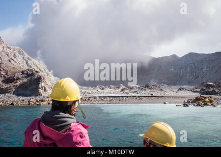 Smoke coming from active volcano on White Island, New Zealand Stock Photo