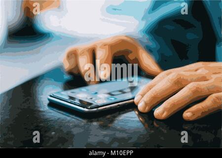 Person interacting with smart phone on table Stock Vector